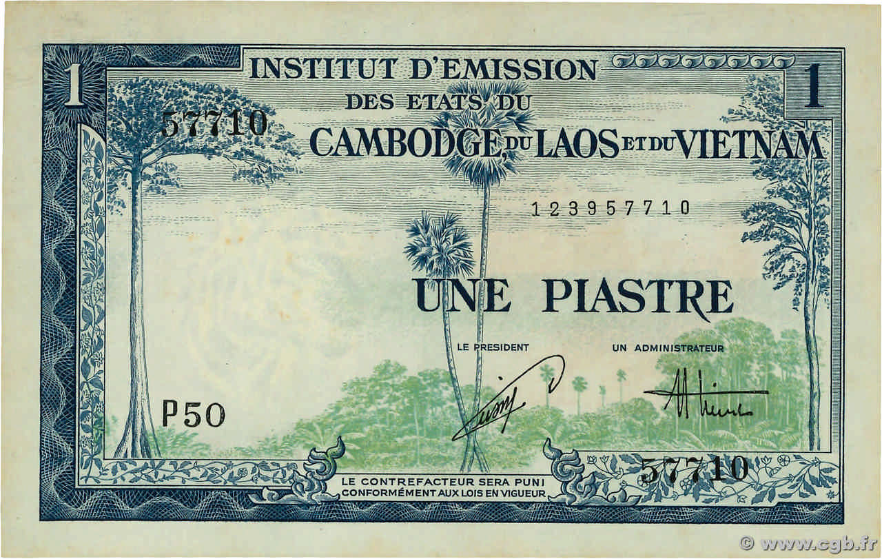 1 Piastre - 1 Dong FRENCH INDOCHINA 1954 P.105 AU