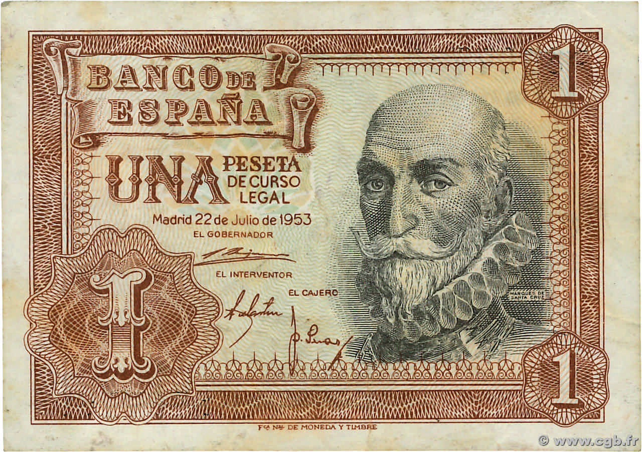 1 Peseta SPAIN 1953 P.144a VF+