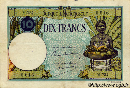 10 Francs MADAGASCAR  1937 P.036 TB