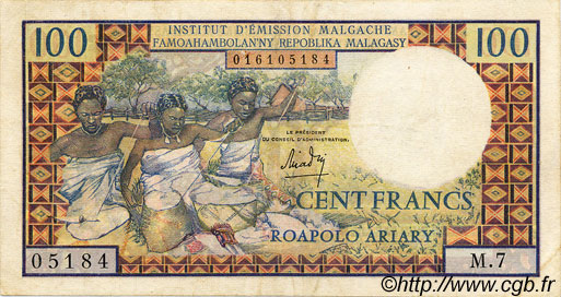 100 Francs - 20 Ariary MADAGASCAR  1966 P.057 TTB
