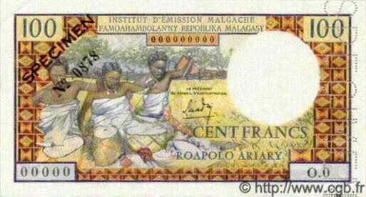100 Francs - 20 Ariary Spécimen MADAGASCAR  1966 P.057s SPL