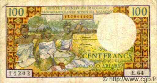 100 Francs - 20 Ariary MADAGASCAR  1966 P.057 F