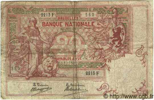 20 Francs BELGIQUE  1913 P.067 B à TB