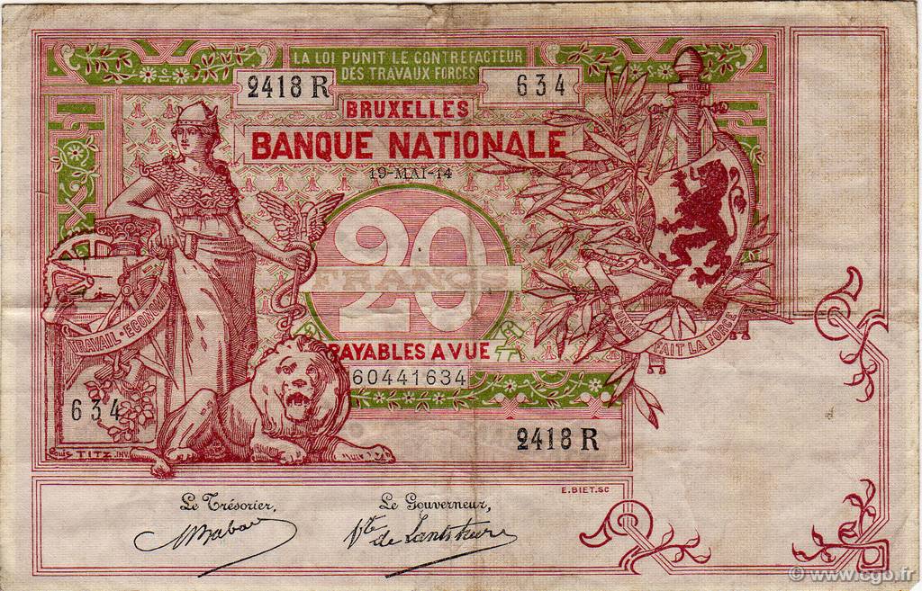 20 Francs BELGIQUE  1914 P.067 TTB