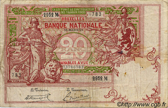 20 Francs BELGIQUE  1919 P.067 TB
