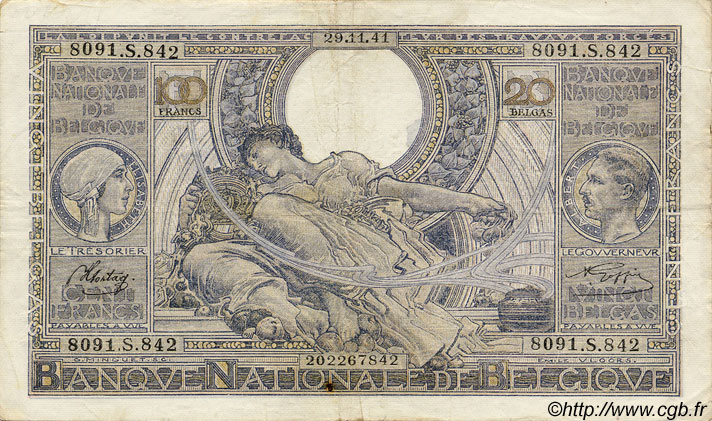 100 Francs - 20 Belgas BELGIQUE  1941 P.107 TTB