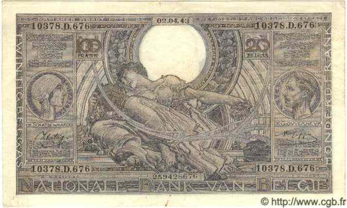 100 Francs - 20 Belgas BELGIQUE  1943 P.107 pr.SUP