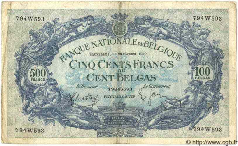 500 Francs - 100 Belgas BELGIQUE  1939 P.109 TB