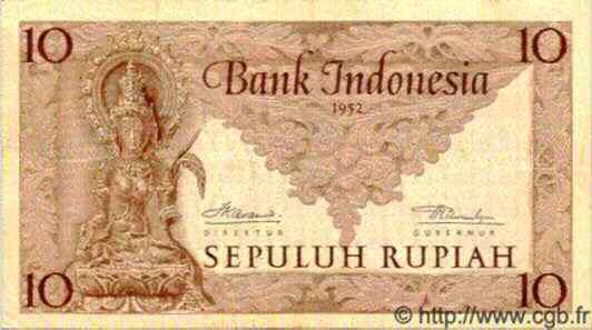 10 Rupiah INDONÉSIE  1952 P.043b pr.TTB