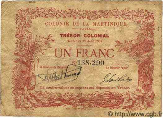 1 Franc MARTINIQUE  1884 P.02 TB+