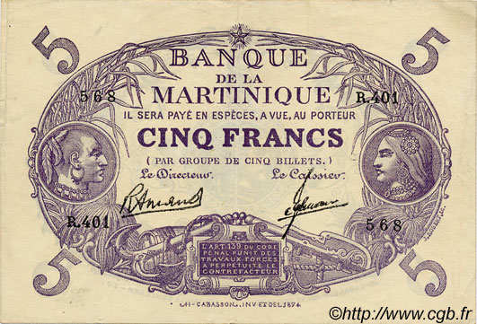 5 Francs Cabasson violet MARTINIQUE  1945 P.06 SUP