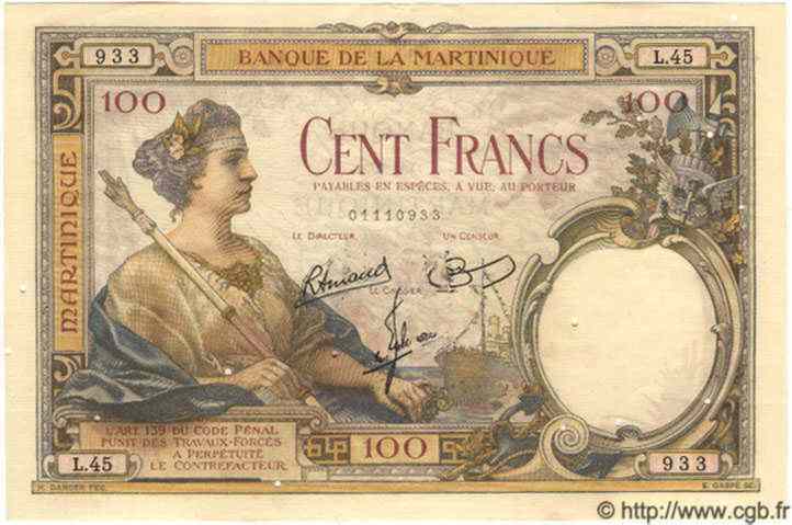 100 Francs MARTINIQUE  1945 P.13 TTB