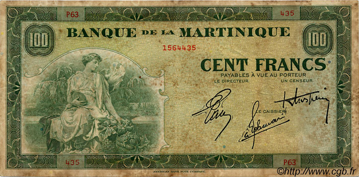 100 Francs MARTINIQUE  1944 P.19 pr.TB