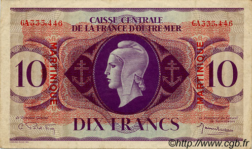 10 Francs MARTINIQUE  1943 P.23 TTB