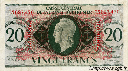20 Francs MARTINIQUE  1943 P.24 TB