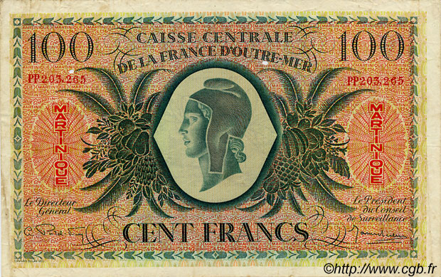 100 Francs MARTINIQUE  1943 P.25 TTB