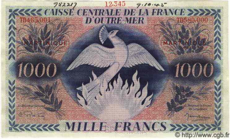 1000 Francs Phénix Spécimen MARTINIQUE  1943 P.26as NEUF