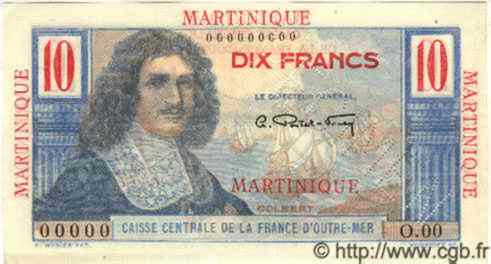 10 Francs Colbert Spécimen MARTINIQUE  1946 P.28s NEUF