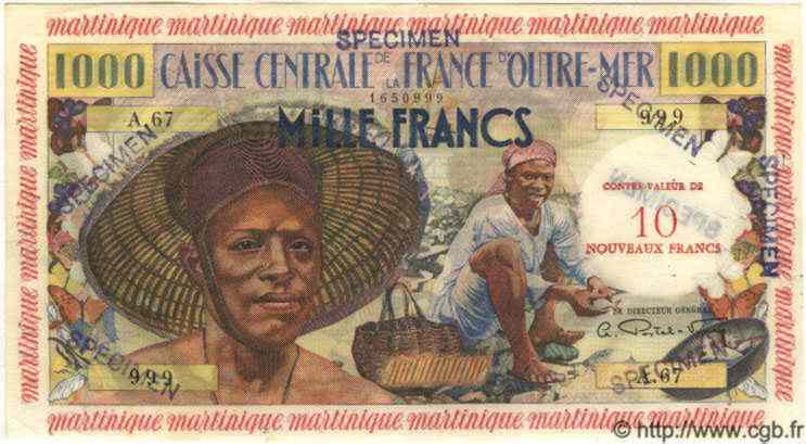 10 NF sur 1000 Francs pêcheur Spécimen MARTINIQUE  1960 P.39s pr.NEUF