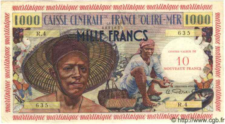 10 NF sur 1000 Francs pêcheur MARTINIQUE  1960 P.39 TTB+