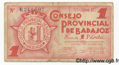 1 Peseta ESPAGNE Badajoz 1937 E.118 TB