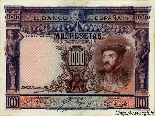 1000 Pesetas SPAIN  1925 P.070a VF+