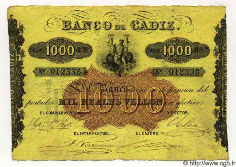 1000 Reales De Vellon ESPAGNE Cadiz 1863 PS.294 SUP+