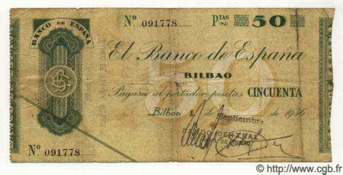 50 Pesetas ESPAGNE Bilbao 1936 PS.553i TB+