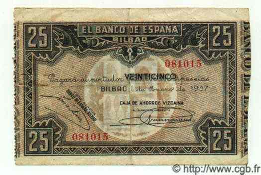 25 Pesetas ESPAGNE Bilbao 1937 PS.563g TB+