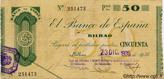 50 Pesetas ESPAGNE Bilbao 1936 PS.553(i) TTB