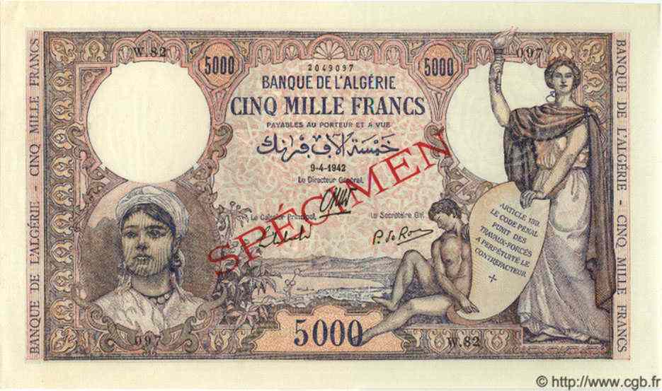 5000 Francs Spécimen ALGÉRIE  1942 P.032s NEUF