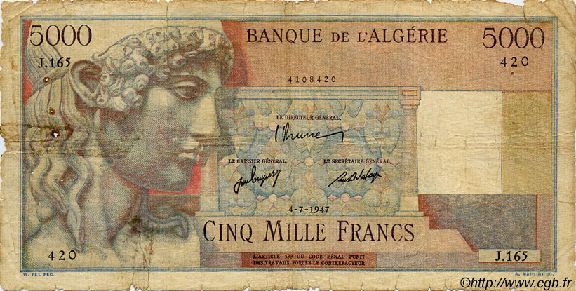 5000 Francs ALGERIA  1947 P.105 G