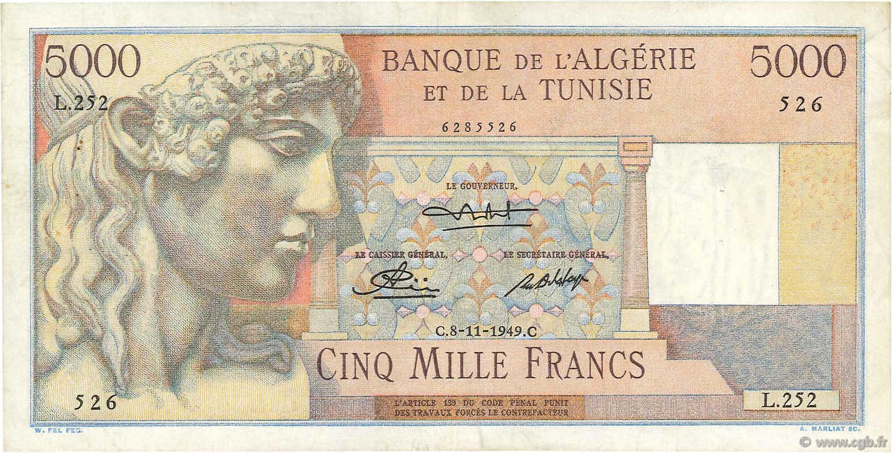 5000 Francs ALGÉRIE  1949 P.109a TTB