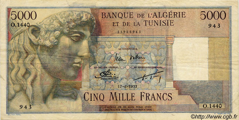 5000 Francs ALGÉRIE  1955 P.042A TTB