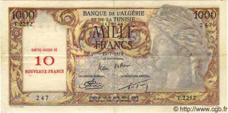 10 NF sur 1000 Francs ALGÉRIE  1958 P.045 TTB+