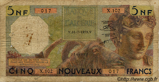 5 Nouveaux Francs ALGÉRIE  1959 P.118a B