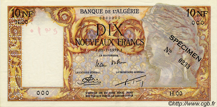 10 Nouveaux Francs Spécimen ALGÉRIE  1959 P.048s SPL