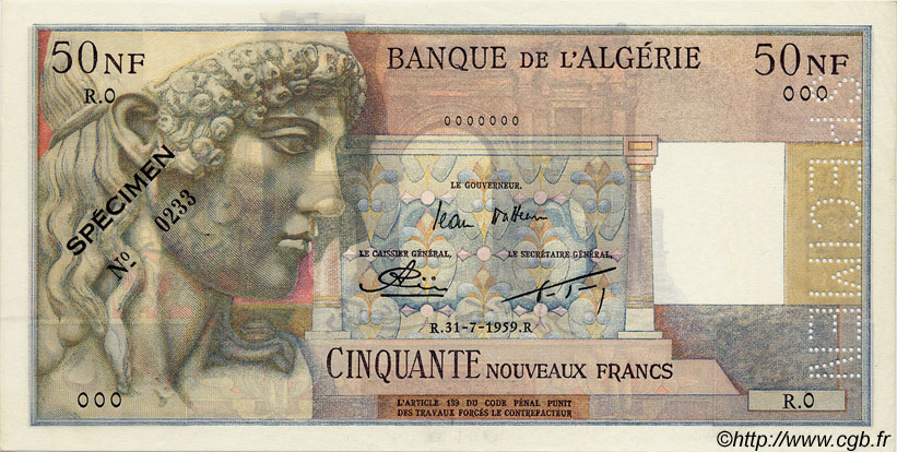 50 Nouveaux Francs Spécimen ALGÉRIE  1959 P.120s SUP à SPL