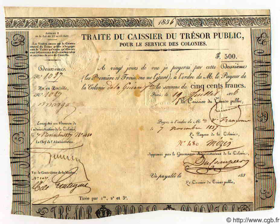 500 Francs GUYANE  1836 P.- pr.SUP