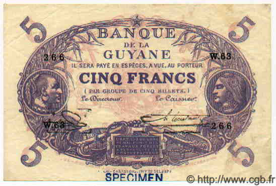 5 Francs Cabasson bleu Spécimen GUYANE  1947 P.01es SPL