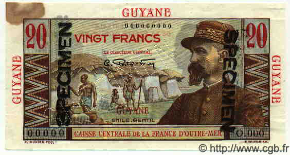 20 Francs Émile Gentil Spécimen GUYANE  1949 P.21s TB+