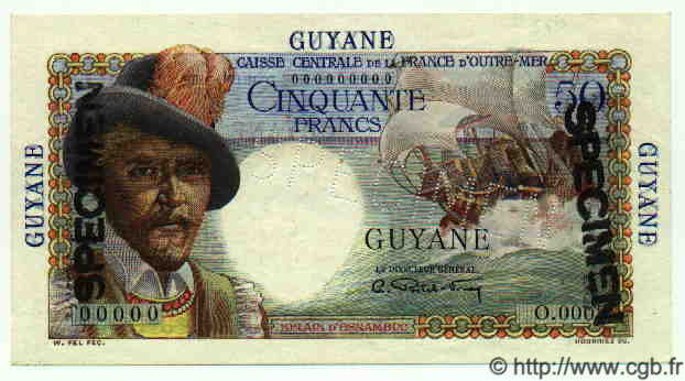 50 Francs Belain d Esnambuc Spécimen GUYANE  1949 P.22s NEUF