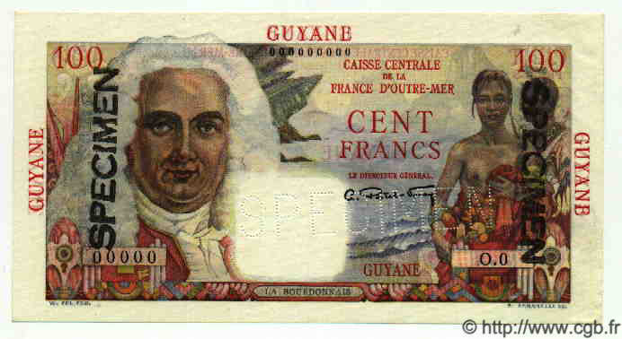 100 Francs La Bourdonnais Spécimen GUYANE  1949 P.23s NEUF