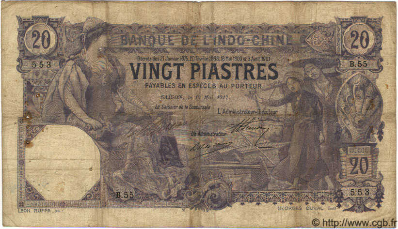 20 Piastres INDOCHINE FRANÇAISE Saïgon 1917 P.038b B à TB