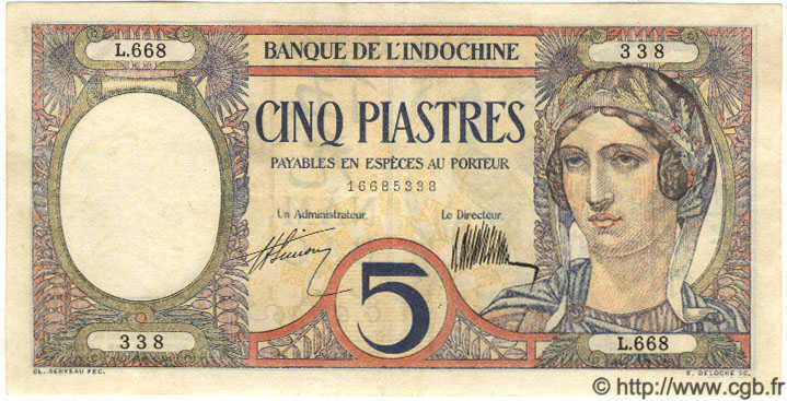 5 Piastres INDOCHINE FRANÇAISE  1931 P.049b TTB+