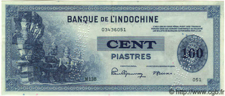 100 Piastres Spécimen INDOCHINE FRANÇAISE  1945 P.078s SUP