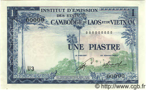 1 Piastre - 1 Kip Spécimen INDOCHINE FRANÇAISE  1954 P.100s pr.NEUF