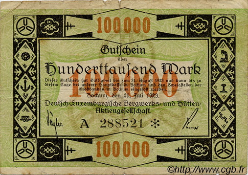 100000 Marks LUXEMBOURG Bochum 1923 P.-- TB+