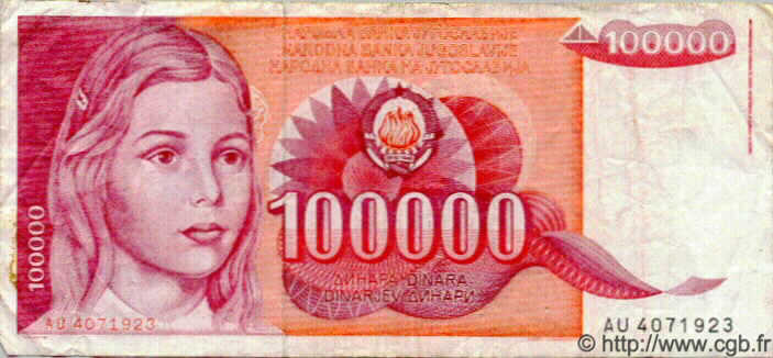 100000 Dinara YOUGOSLAVIE  1989 P.097 TB