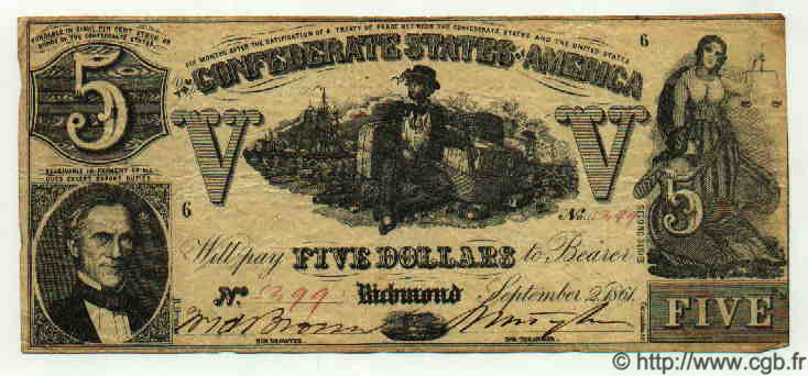5 Dollars ÉTATS CONFÉDÉRÉS D AMÉRIQUE  1861 P.020b TTB